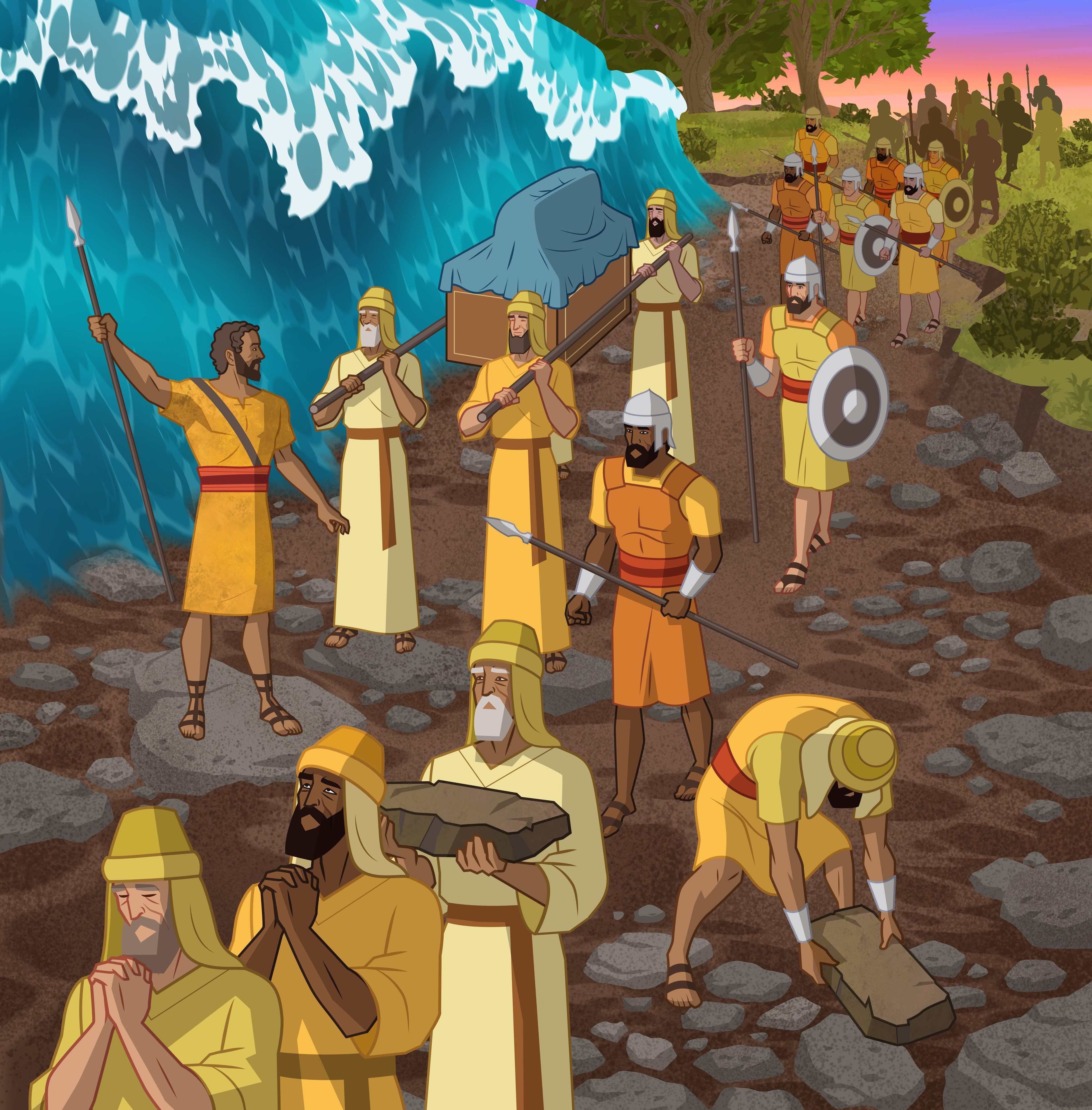 Illustration of Israelites carrying ark of the covenant on dry riverbed, some gathering stones. Joshua 3:17; 4:1–24