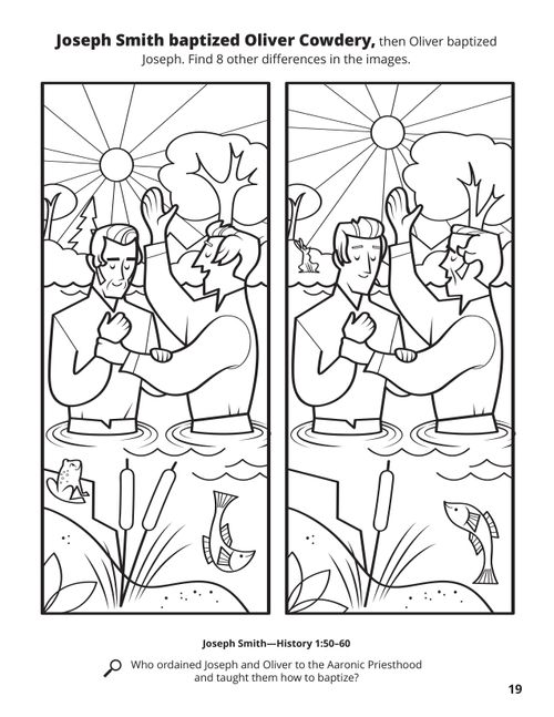 A line drawing of two similar images of Oliver Cowdery and Joseph Smith baptizing each other with a spot the difference game.