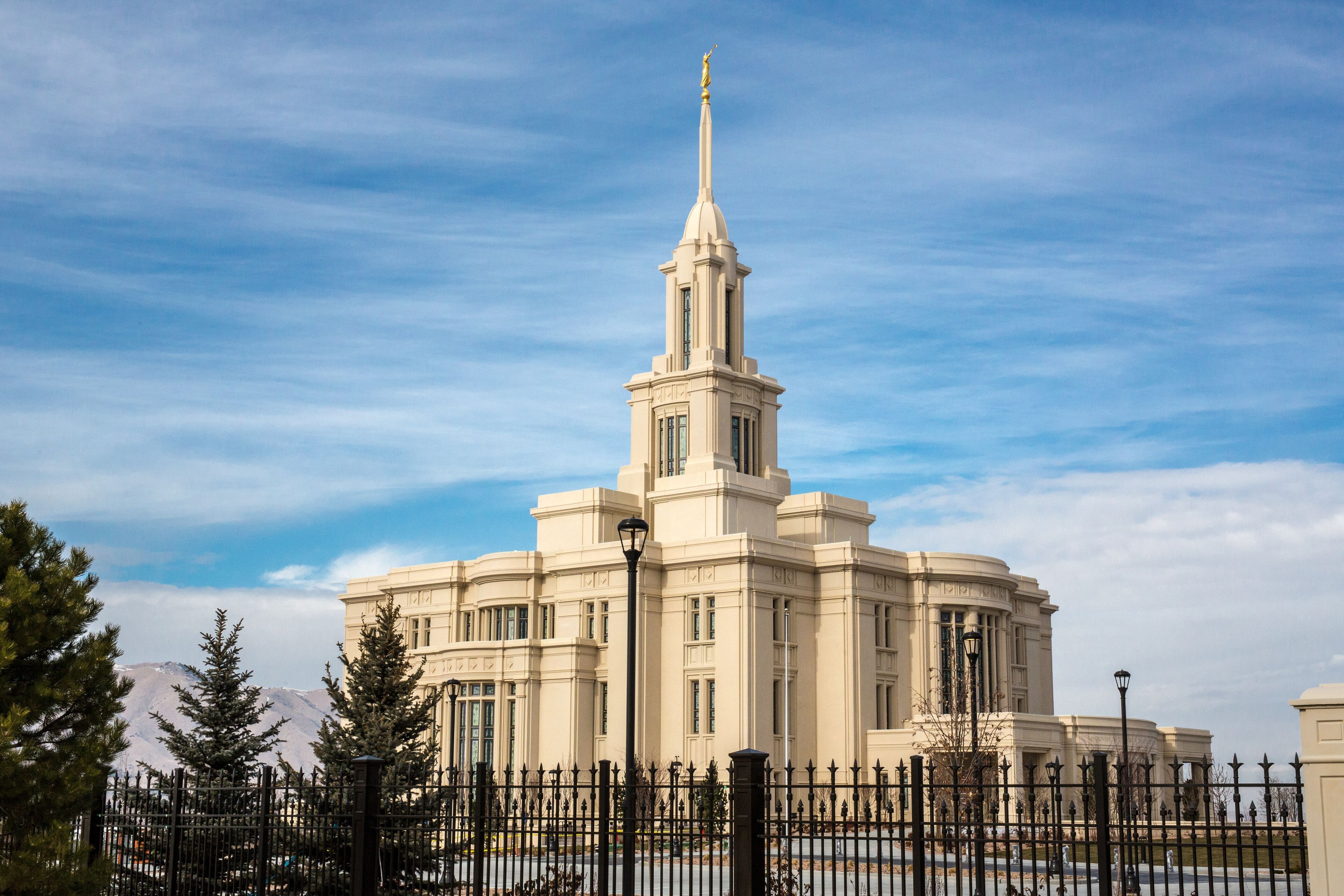 An angle view of the Payson Utah Temple during the day.