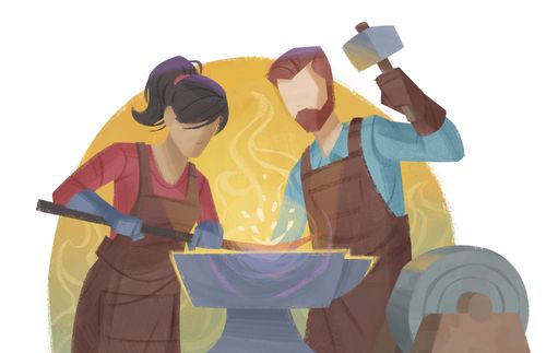 man and woman working at an anvil