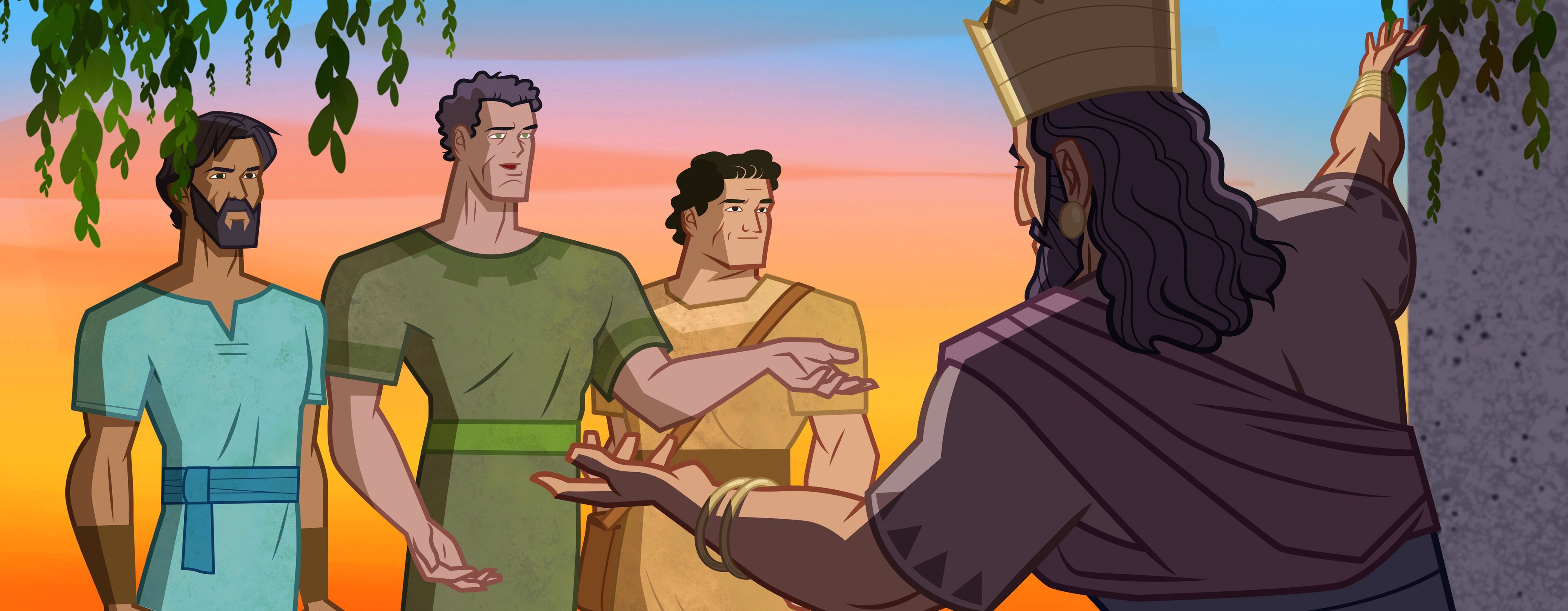 Illustrazione di Shadrac, Meshac e Abed-nego che parlano al re. 
Daniele 3:15–18