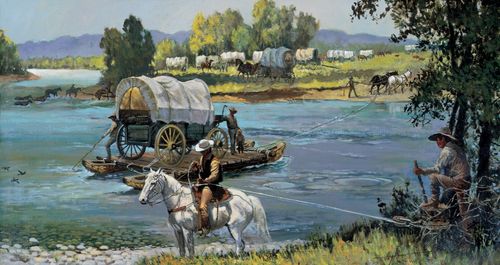A painting by Harold Hopkinson of people standing by a covered wagon on a raft being pulled across the Platte River where other wagons are waiting.