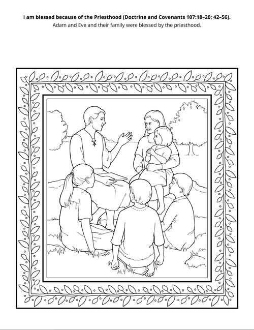 Line drawing is a coloring page depicting Adam and Eve and children.