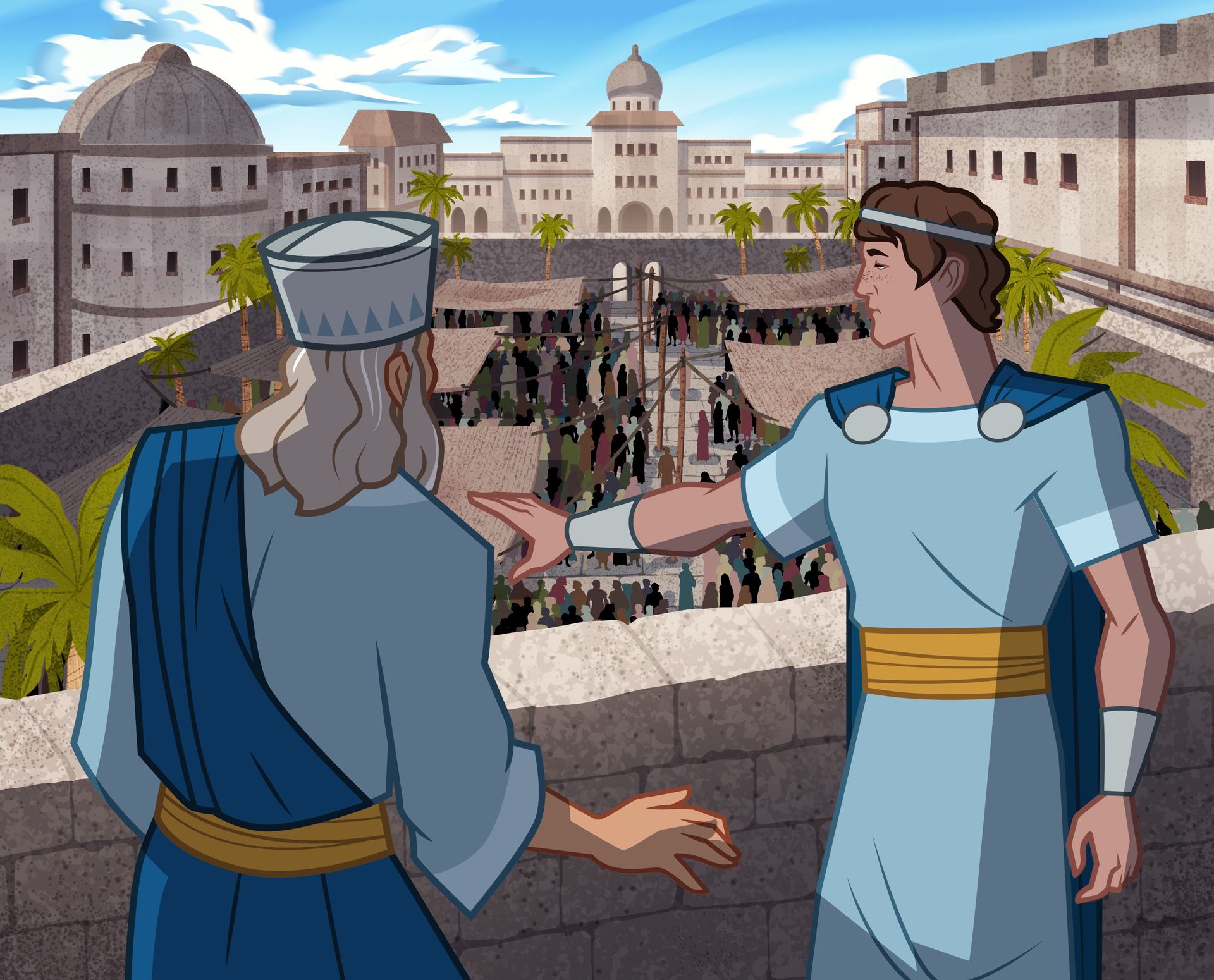 Illustration of King Saul and David looking at city. 1 Samuel 18:5