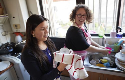 mother and daughter washing dishes