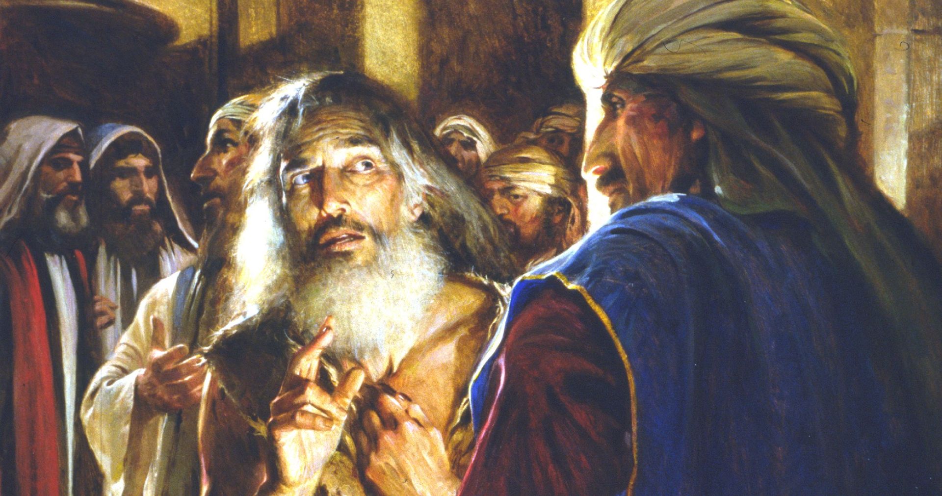 Painting of the prophet Jeremiah dressed in sackcloth and prophesying to a group of priests.