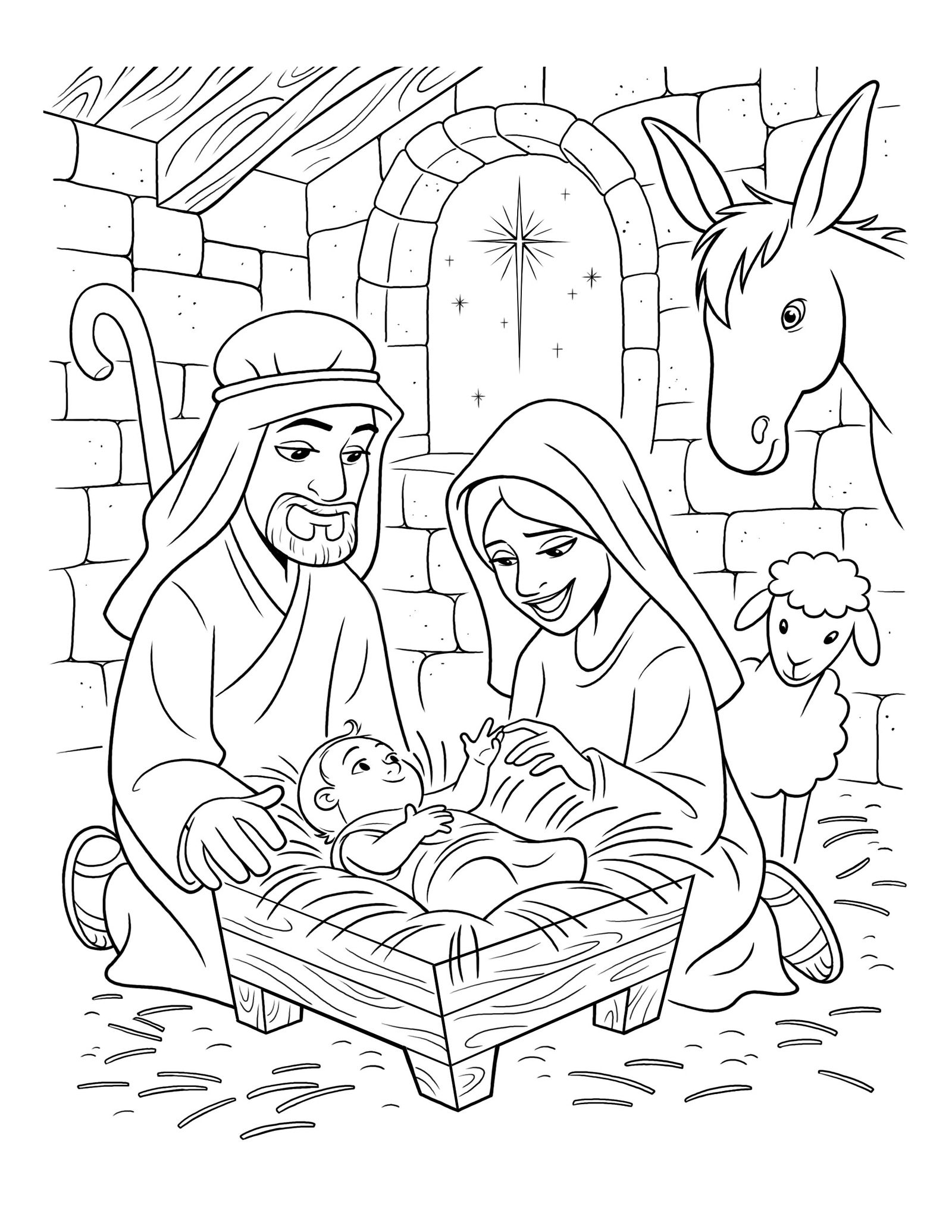 Mary and Joseph sit next to the manger where baby Jesus lies.