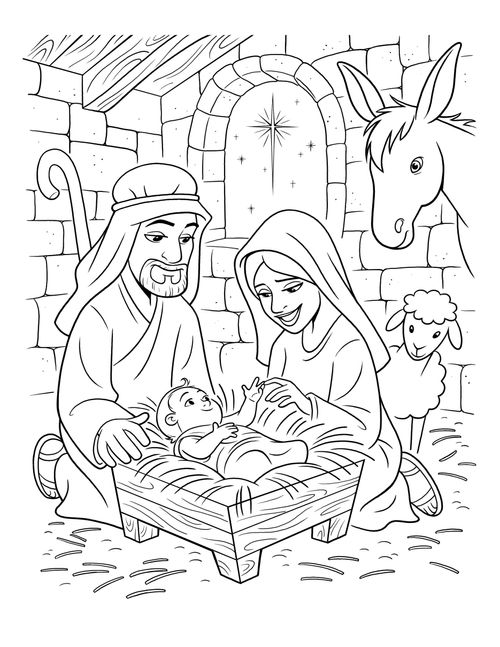 An illustration of Joseph, Mary, and baby Jesus in a manger with a sheep and donkey behind them.