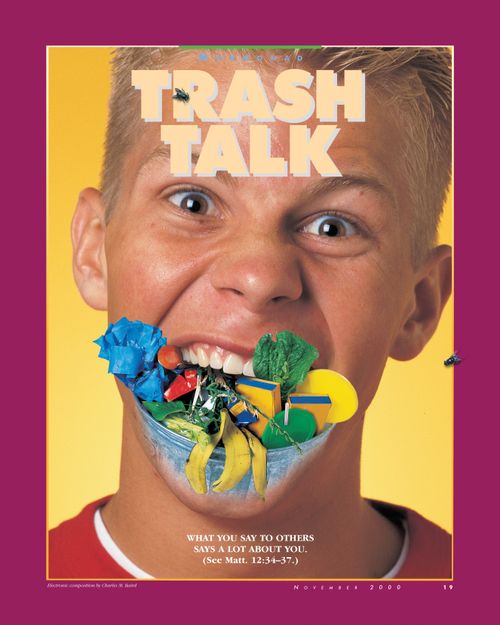 A conceptual photograph of a young man with trash coming out of his mouth, paired with the words “Trash Talk.”