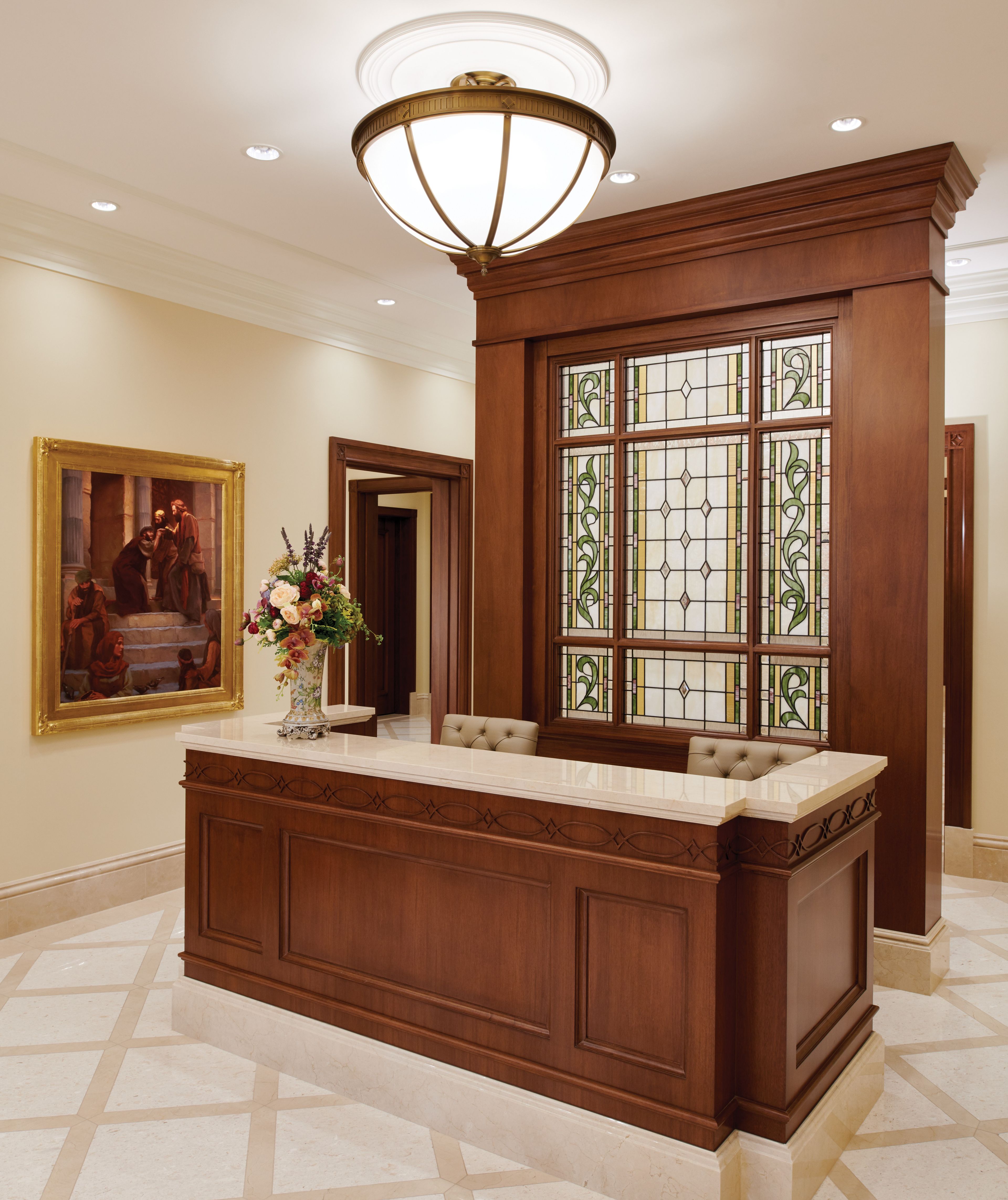 The desk in the Fortaleza Brazil Temple where Church members show their temple recommend to indicate they are worthy to enter the temple.