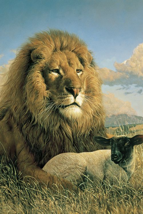A male lion and lamb lying peacefully next to each other in a grassy field.  Rolling hills are in  the background.  There are clouds in the sky.   The image portrays the peace among animal life that will exist during the Millennium.