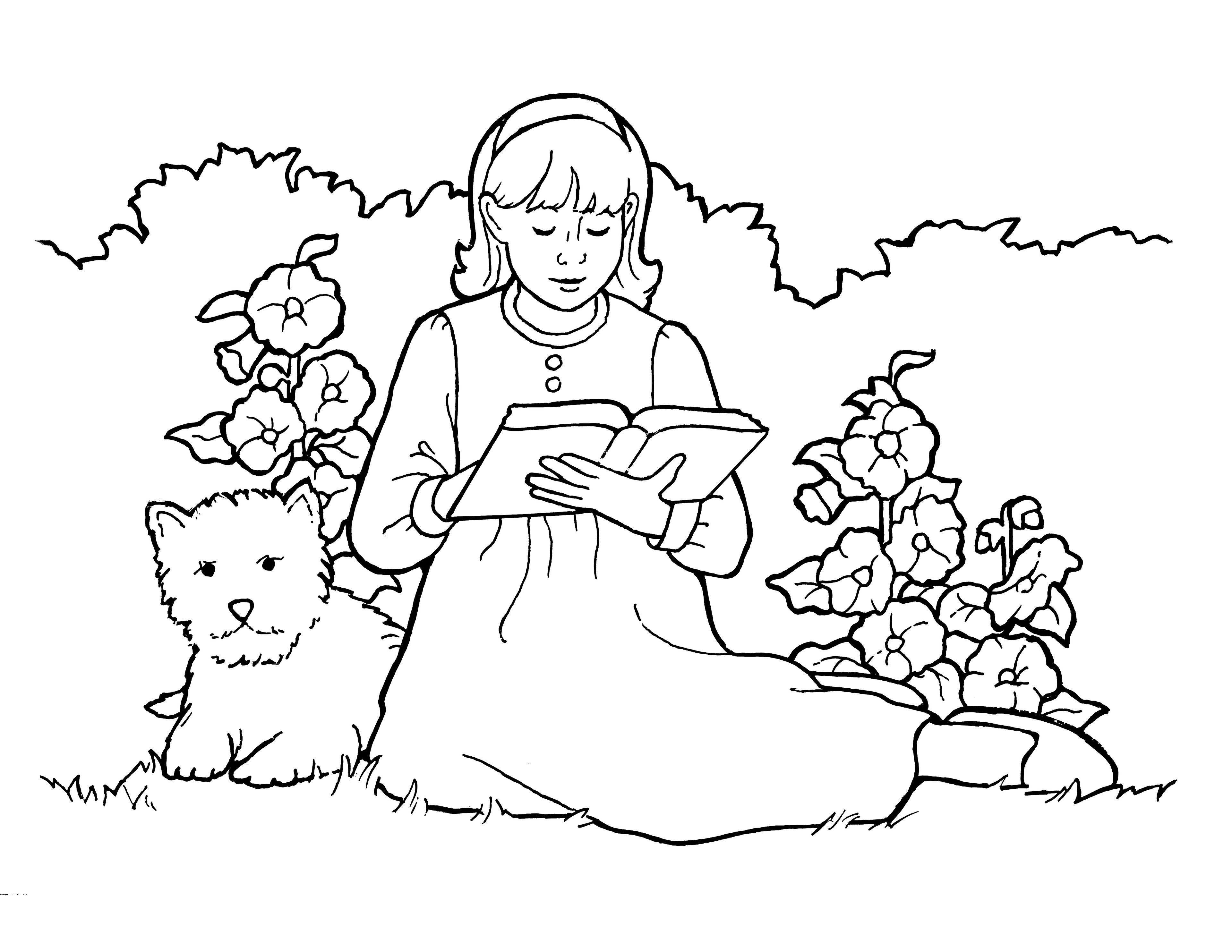 An illustration of a girl sitting in a garden, reading her scriptures.