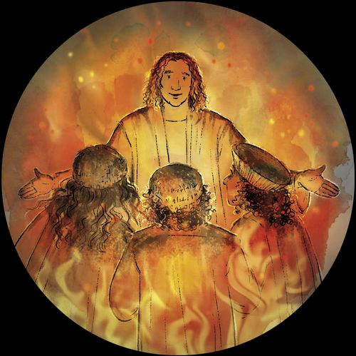 Jehovah appears to Shadrach, Meshach, and Abed-nego in the fiery furnace and protects them from the consuming flames.