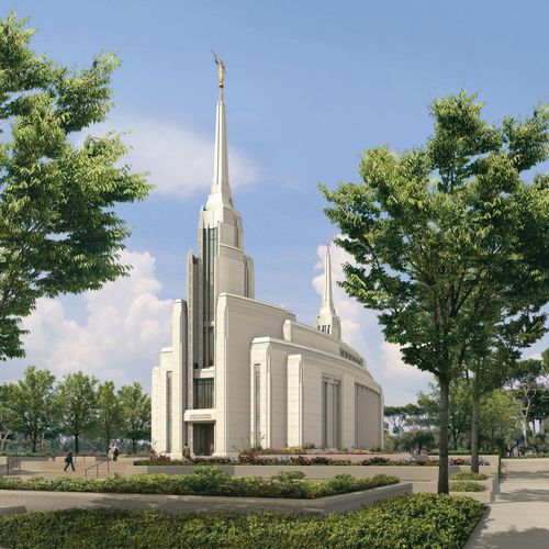 An artist’s rendition of the entire Rome Italy Temple, including a view of the grounds around the temple.