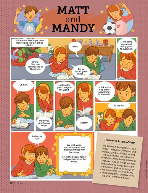 Comic-style story showing a brother and sister at Christmas