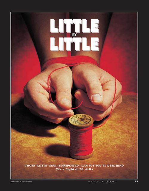 A conceptual photograph showing two hands bound with a red string, paired with the words “Little by Little.”
