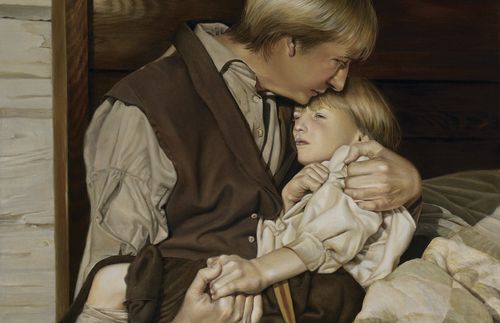 Joseph Smith, Jr. depicted as a young boy held in the arms of his father. Joseph Smith, Sr. is holding the young Joseph just before or after surgery was performed on the boy's leg.