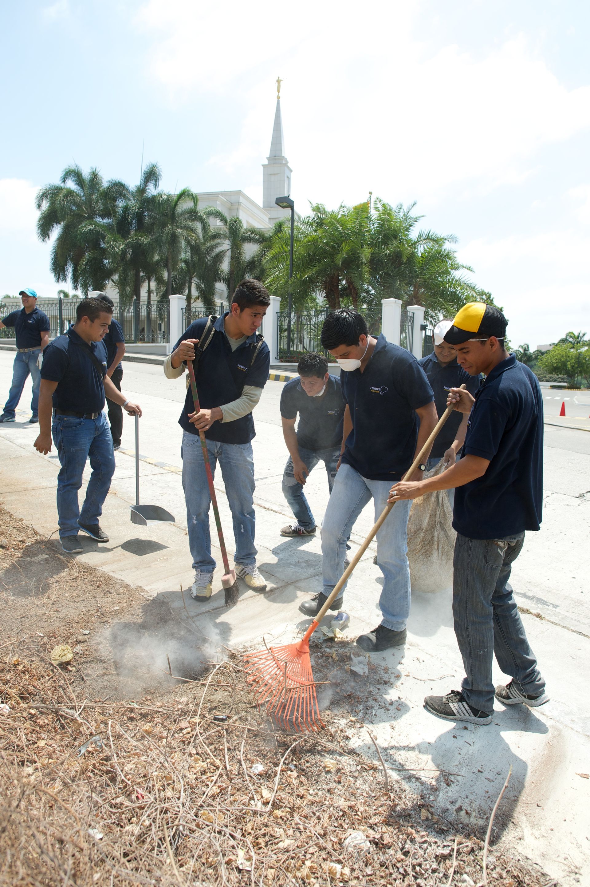 Men working outside the Guayaquil Ecuador Temple.