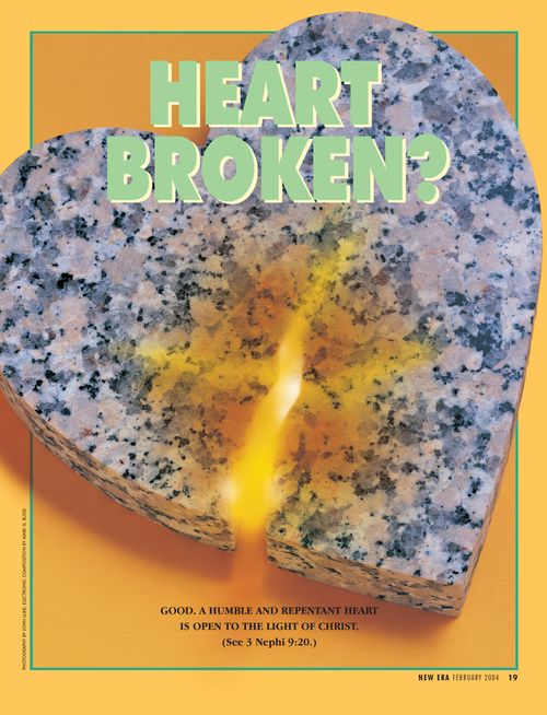 A conceptual photograph showing a granite slab fashioned into a heart with a crack in it, paired with the words “Heart Broken?”