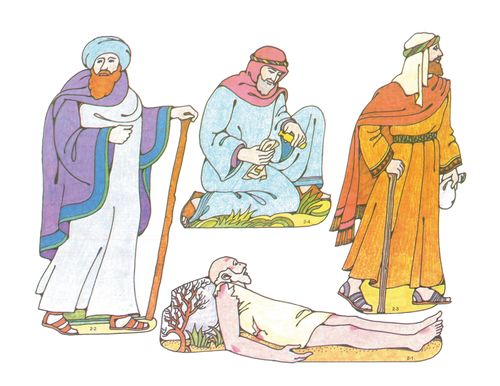 Primary cutouts of a wounded man lying on the ground, a priest walking with a staff, a Levite walking with a bag, and a Samaritan kneeling on the ground.