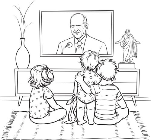Coloring page of kids watching general conference at home