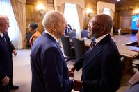 President Russell M. Nelson greets the Reverend Dr. Amos C. Brown prior to a news conference with NAACP leadership in the Church Administration Building on Temple Square in Salt Lake City on June 14, 2021.