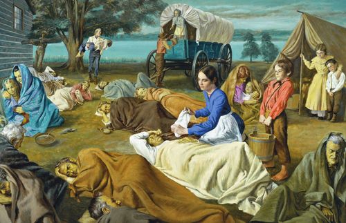 Painting of Emma Smith caring for the sick in Commerce, Illinois