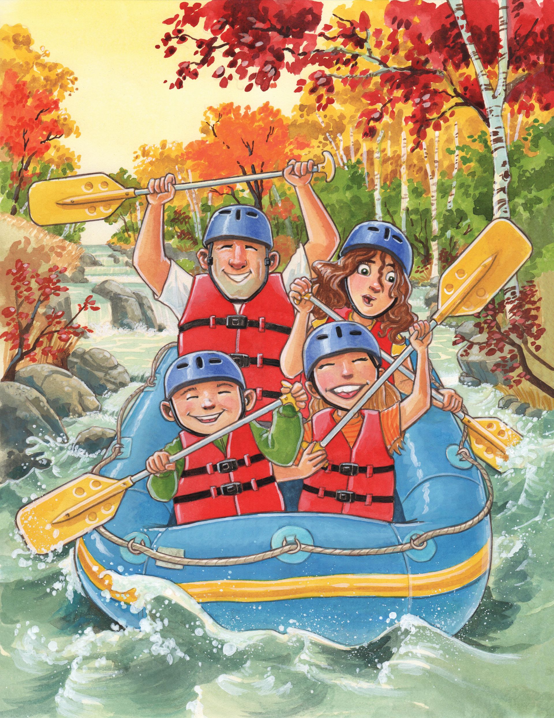 A family goes river rafting together.