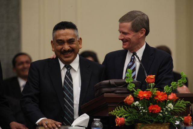 Photos taken during Elder David A. Bednar and Neil L. Andersen’s visit to Mexico in April 2012.

Ward Council meeting held in Monterrey Mexico.  Elder Bednar standing next to a man at the podium.