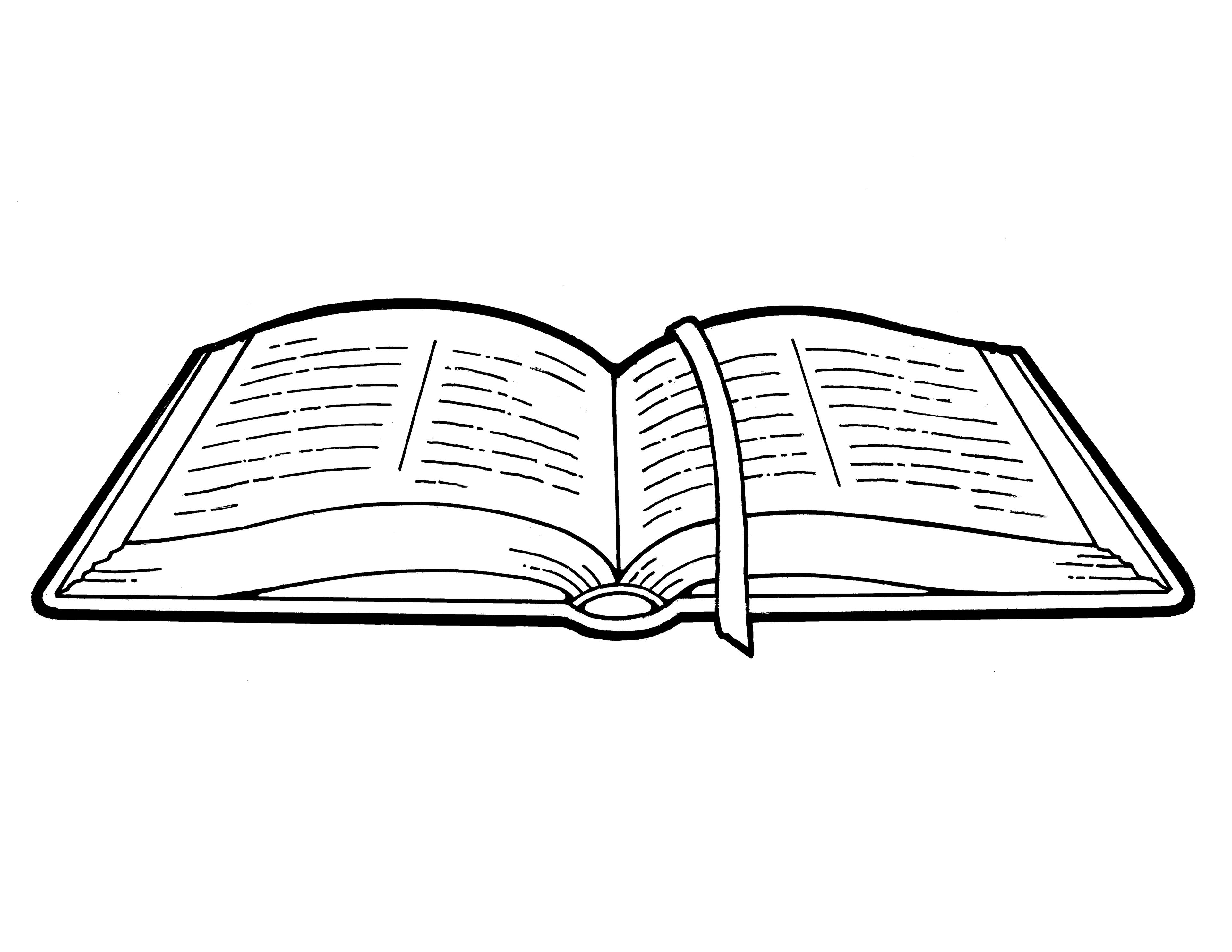 An illustration of a book of scripture lying open, with a ribbon bookmark.