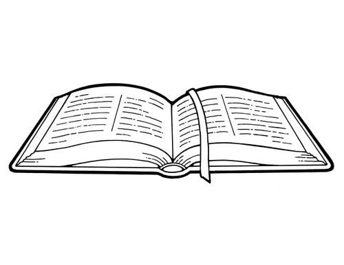 A black-and-white illustration of a book of scripture opened about halfway, with a small ribbon bookmark running down the open page.