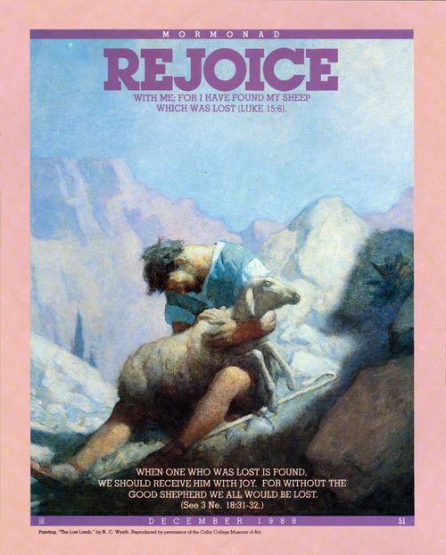 A painting depicting a shepherd finding a lost lamb, paired with the word “Rejoice.”