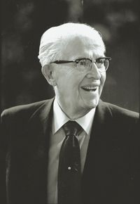 President Ezra Taft Benson smiling.  Photographed at the October 1982 general conference.