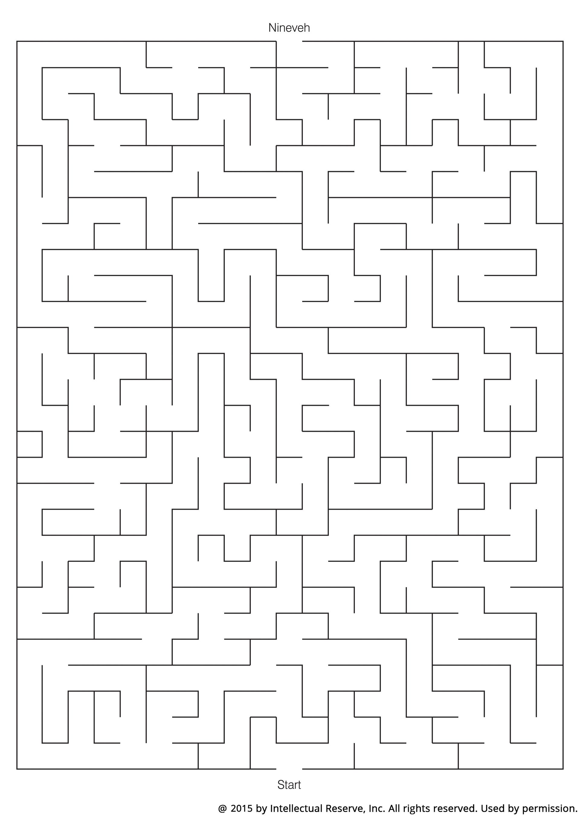 A simple line maze to help children draw a path for Jonah to travel to Nineveh.