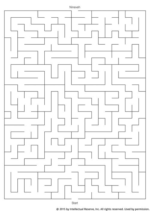 A black-and-white line maze with the start at the bottom of the page and the destination, marked “Nineveh,” at the top.