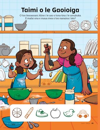 girl and aunt cooking in bright-colored kitchen