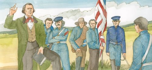 Brigham Young talking to the men of the Mormon Battalion, encouraging them to be good members, Captain James Allen, of the United States Army, in the group. One soldier holds an American flag. Chapter 61-4