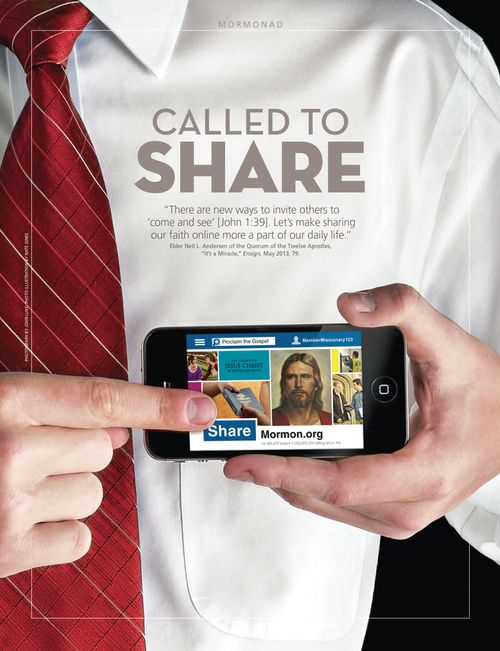 A poster showing a young man in a white shirt and red tie sharing uplifting content on social media on his smartphone, paired with the words “Called to Share.”
