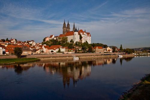 Albrechtsburg (Castle Complex) with reflection in Elbe River, Meissen, Germany.