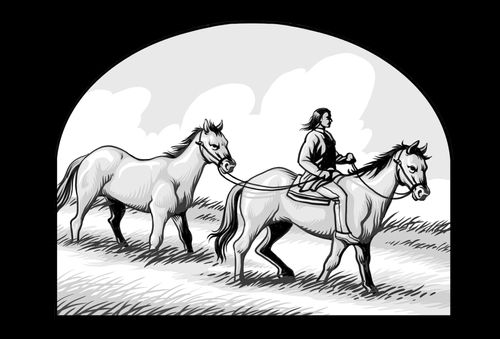 Homem montado num cavalo e conduzindo outro cavalo