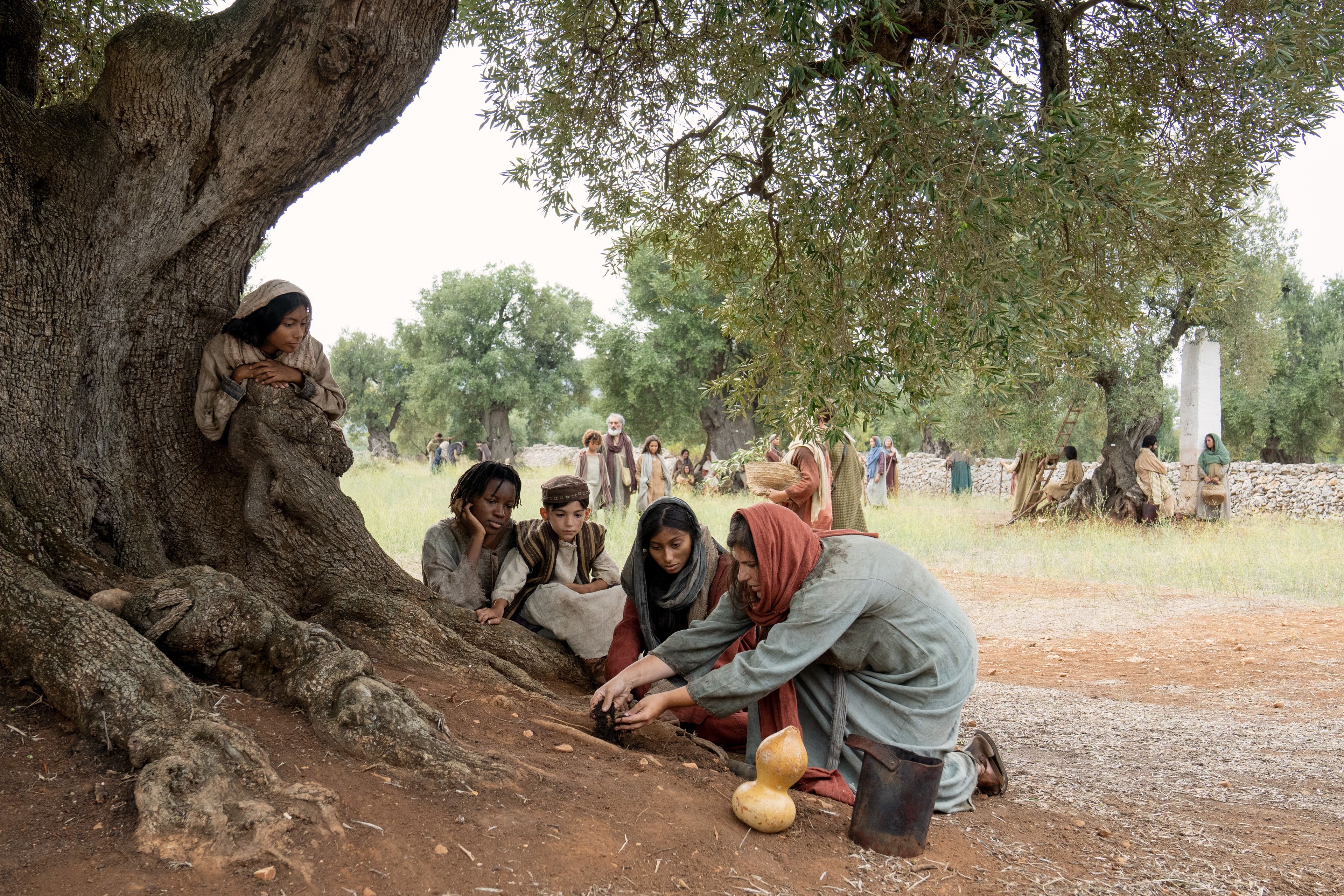 Servants of the Vineyard, men and women of all ages, labor in the vineyard with various tools. This is part of the olive tree allegory mentioned in Jacob 5.