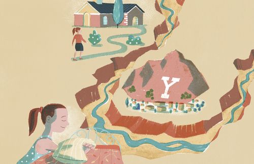 young woman walking to church, mountain with letter Y on it, young woman praying