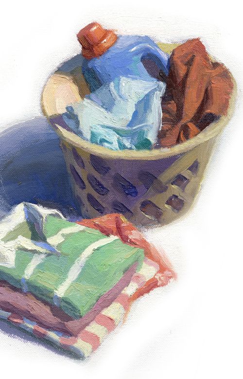 Illustration depicting a laundry basket with clothes and a bottle of detergent inside.  Next to the basket is a pile of folded clothes.