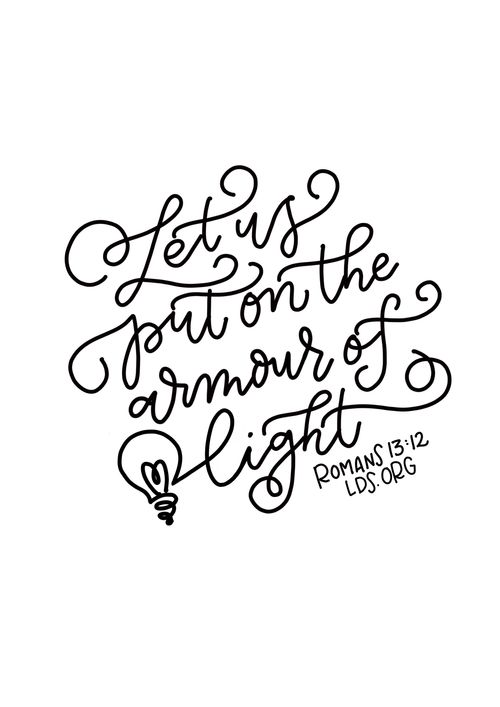 Text quote reading “Let us put on the armour of light” in black cursive with an illustration of a lightbulb.