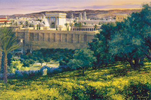 A painting by Al Rounds showing the ancient temple in Jerusalem with lush green vegetation and blue flowers in the foreground.
