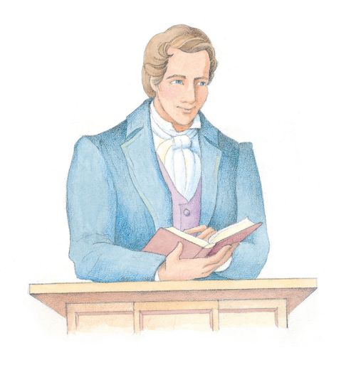 José Smith se pone de pie en un podio con un libro en mano. De Canciones para los niños, página 81, “Defiende el bien”; ilustración a la acuarela de Phyllis Luch.