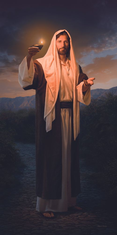 Painting of Jesus Christ holding an oil lamp.