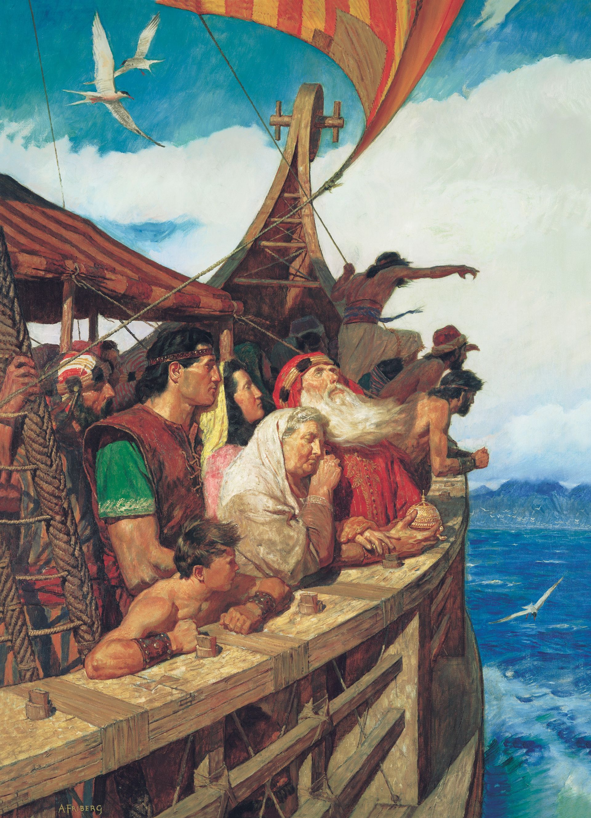 Lehi and His People Arrive in the Promised Land, by Arnold Friberg (62045); GAK 304; GAB 71; Primary manual 1-60; Primary manual 3-45; Primary manual 4-20; 1 Nephi 18:1–24