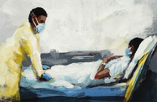 Ein Krankenpfleger bei einem Patienten