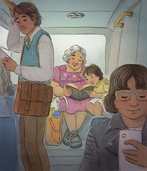 child and grandma reading scriptures on bus